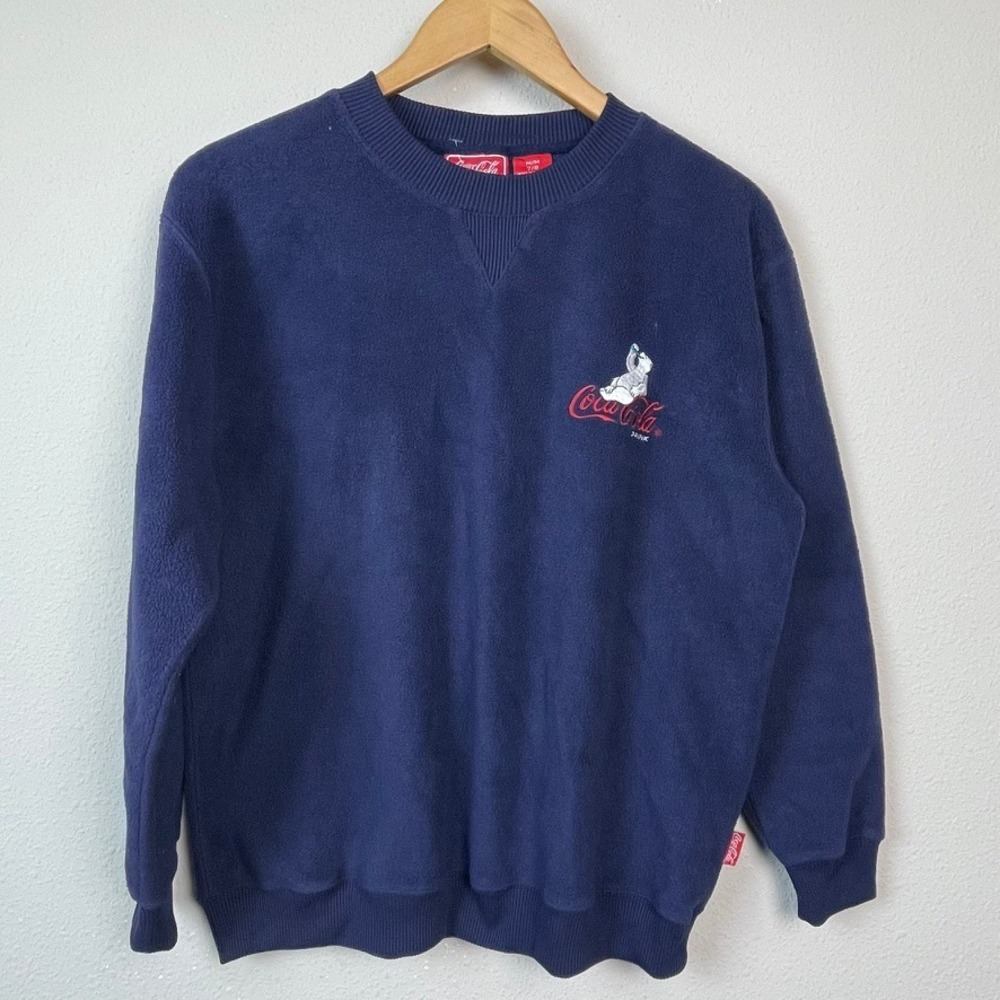 Coca-Cola Polar Bear Fleece Sweatshirt Mens Medium Navy Blue Pullover Retro 90s